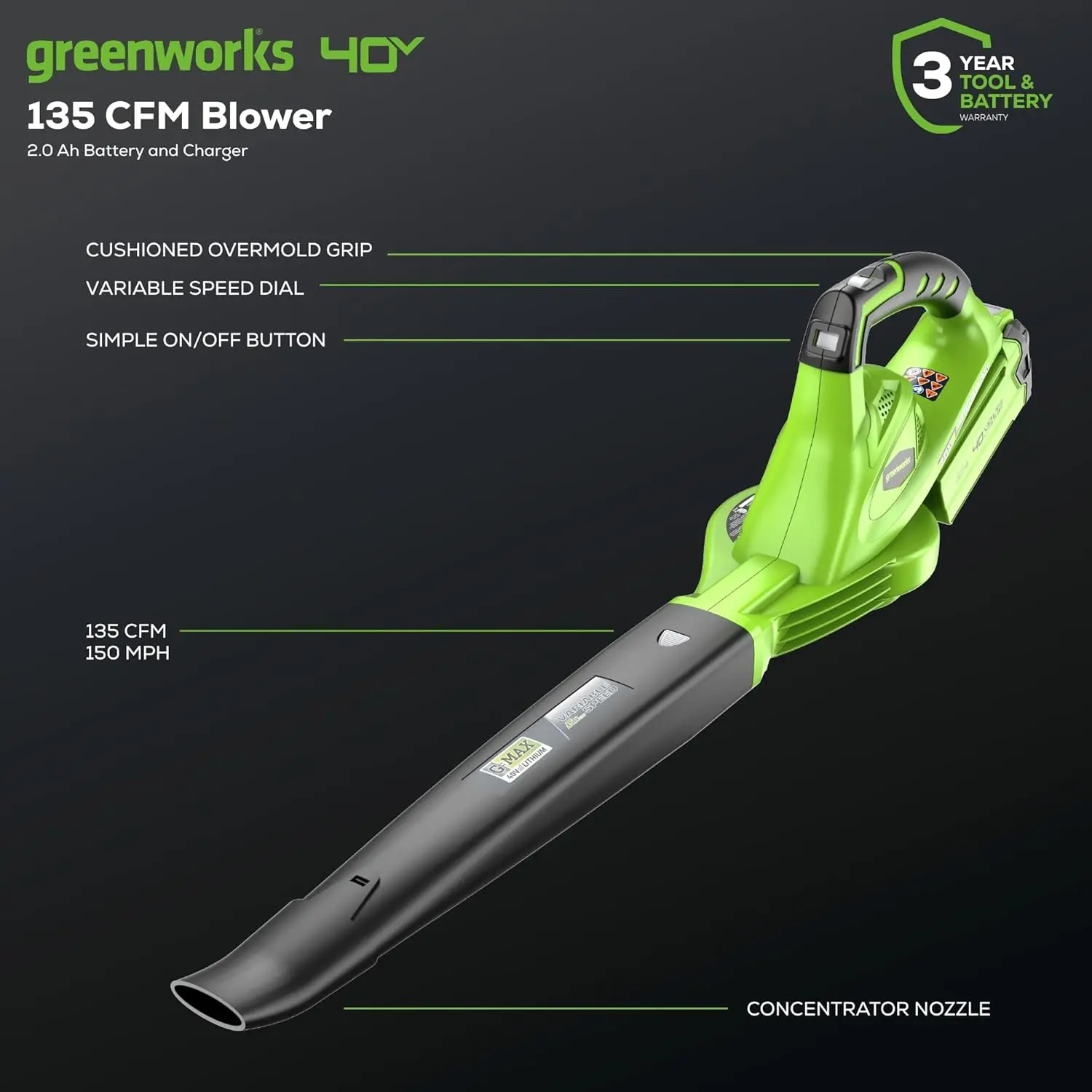 منفاخ أوراق الشجر 40 فولت، 150 ميلا في الساعة، خفيف الوزن وهادئ مع بطارية وشاحن للعناية بالعشب