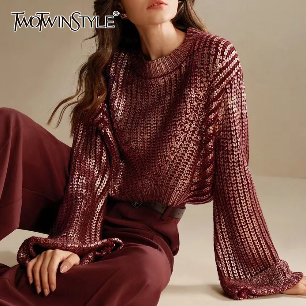 

TWOTWINSTYLE Solid Spliced Folds Chic Sweater Female O Neck Long Sleeve Minimalist Women's Sweaters Autumn Fashion Style Clothes