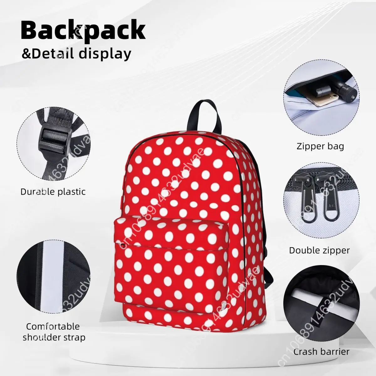 Mochila de lunares rojos y blancos con estampado Retro Unisex, mochilas viaje de poliéster, bolsas de escuela secundaria info