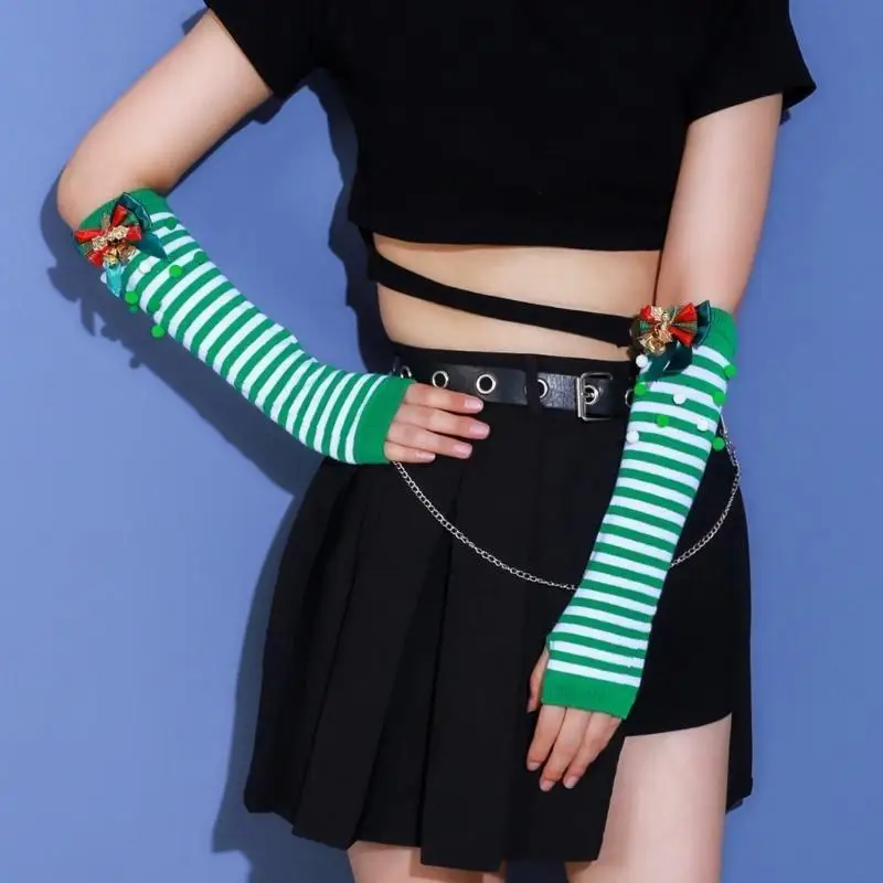 652F Knit Thumb Hole Gloves+Knee Socks Winter Half Finger Mitten Thicken Keep Warm Christmas Lengthen Calf Sock for Girls