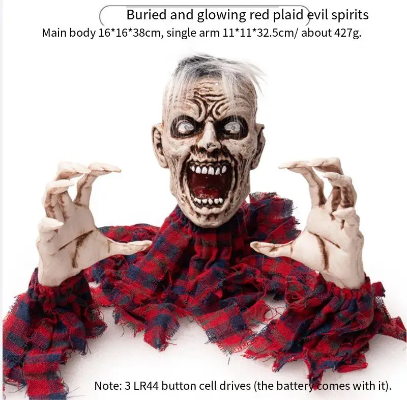 Halloween Glowing Zombie Groundbreaker Decor, Red Plaid Shirt Animatronic Prop for Graveyard & Party Scene