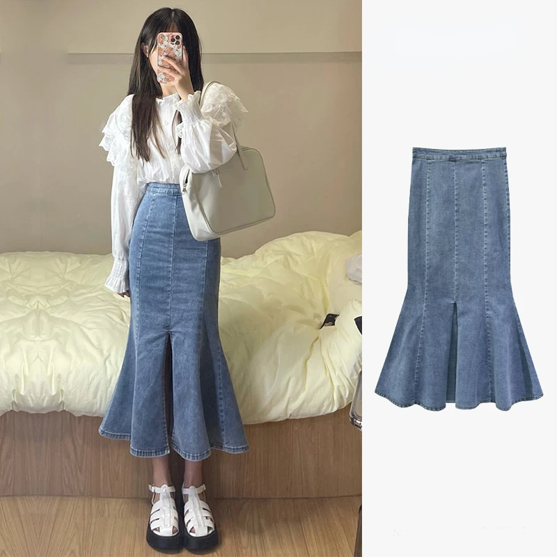 Summer Autumn Elegant Korean High Waist Stretch Mermaid Skirt Sexy Vintage Splited Fork Hip-wrap Long Denim Trumpet Skirt Womens