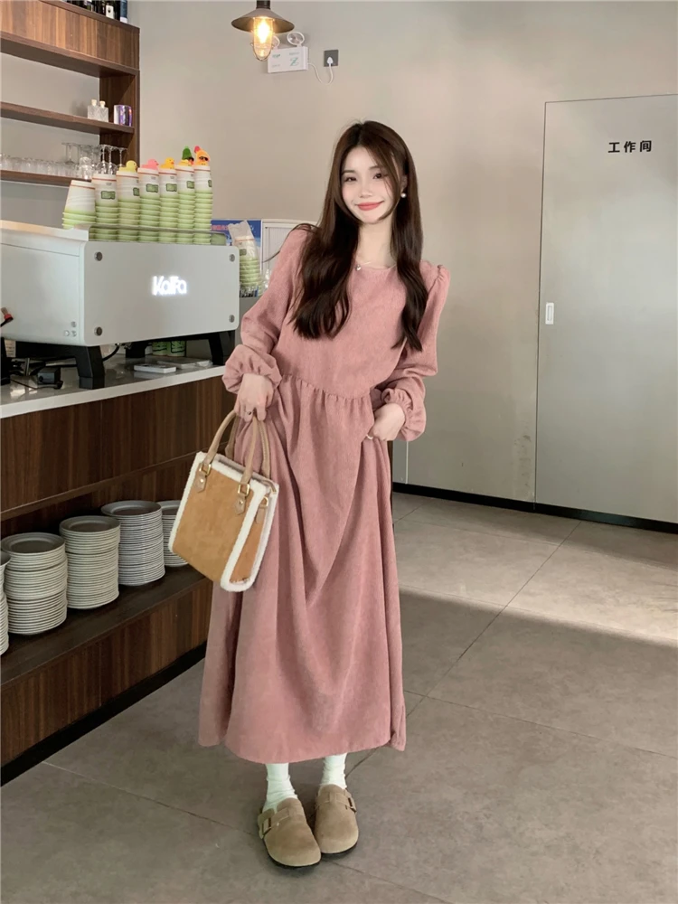 Korean Fashion Designer Round Neck Corduroy Dress for Women Casual Elegant Dresses Long Skirt Reviews Many Clothes Clothing Maxi