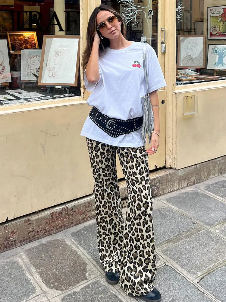 Pantaloni moda donna TRAF New Chic elegante Vintage pantaloni con cerniera a vita alta stampa leopardata pantaloni lunghi Casual larghi Streetwear