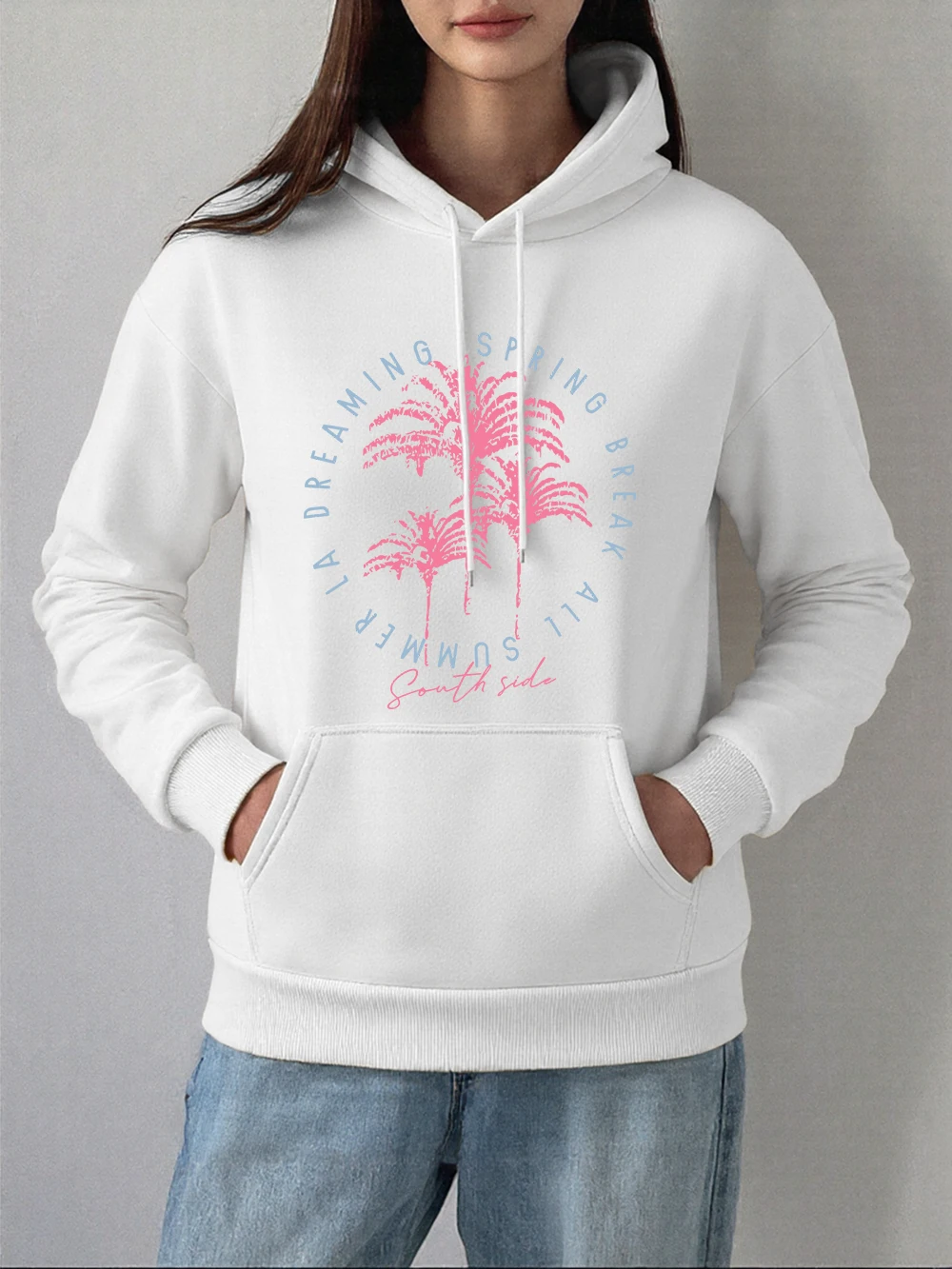 South Side Urlaub Druck Hoodie Frauen Winter Fleece Warme Sweatshirts Casual Lose Pullover Grundlagen Tasche Damen Kleidung