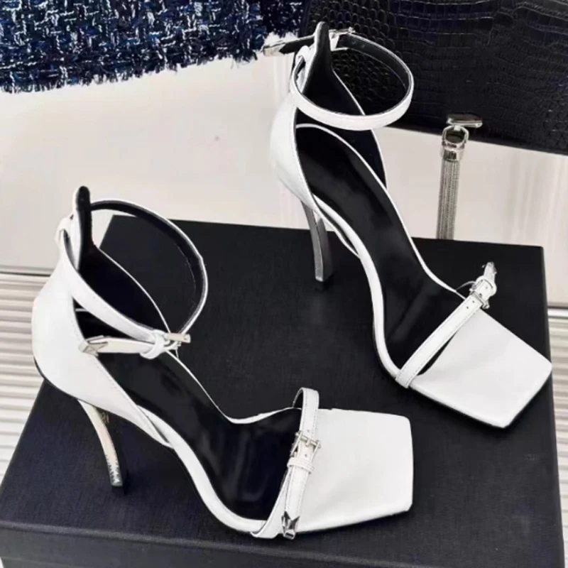 

White Square-Toe Metal Stilettos Heel Sandals Woman Summer 2026 Black Buckle Strap High Heel Party Sexy Nightclub Women's Shoes
