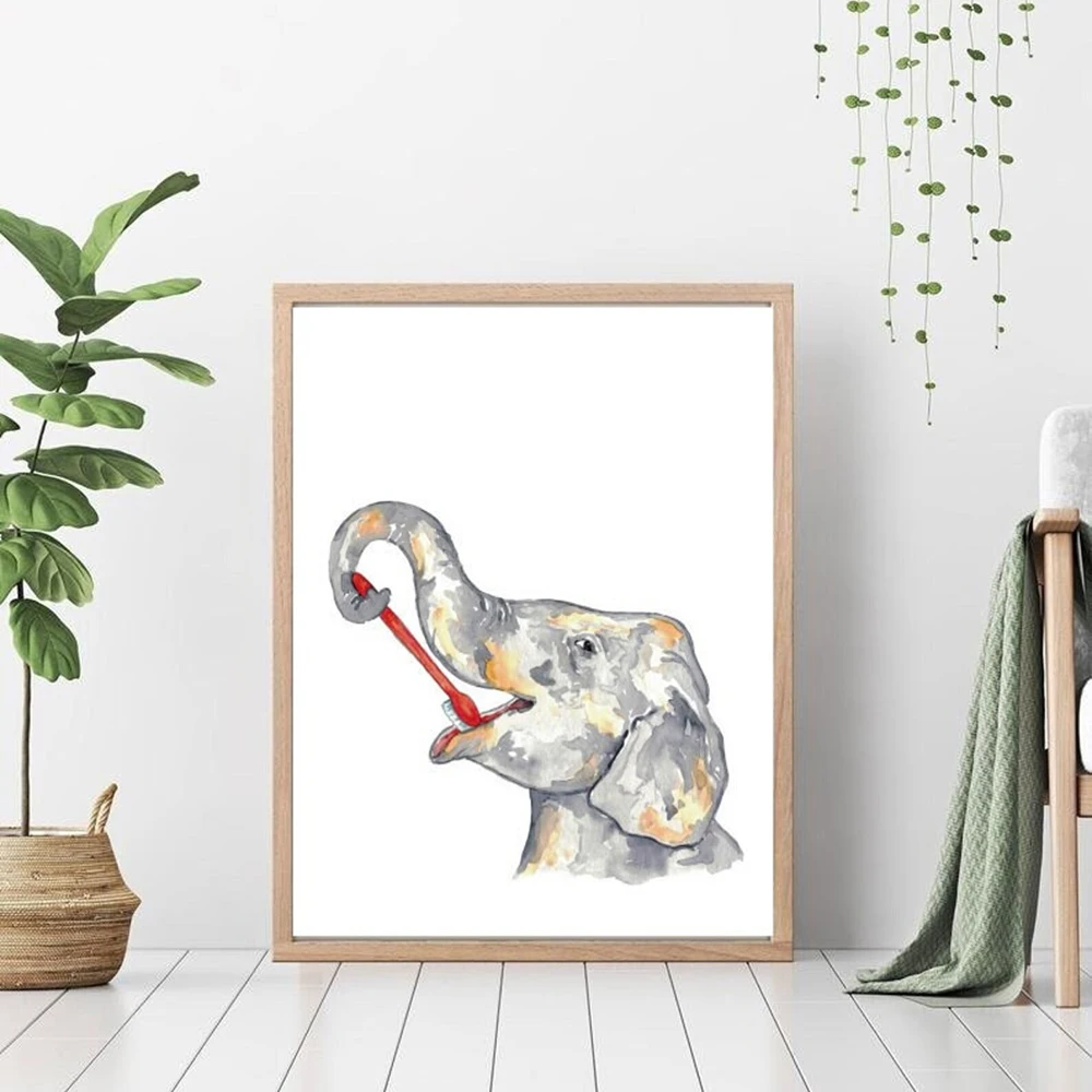 Animal Brush Teeth Mural Watercolor Art Poster Print Cute Sloth Bird Llama Kid Nursery Wall Canvas Painting Bath Room Home Decor