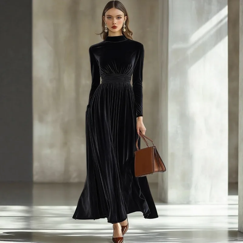 Women Velvet Maxi Dress Turtleneck Long Sleeve Ruched Waist Flowy Swing Long Dress Fall Winter Evening Party Dress