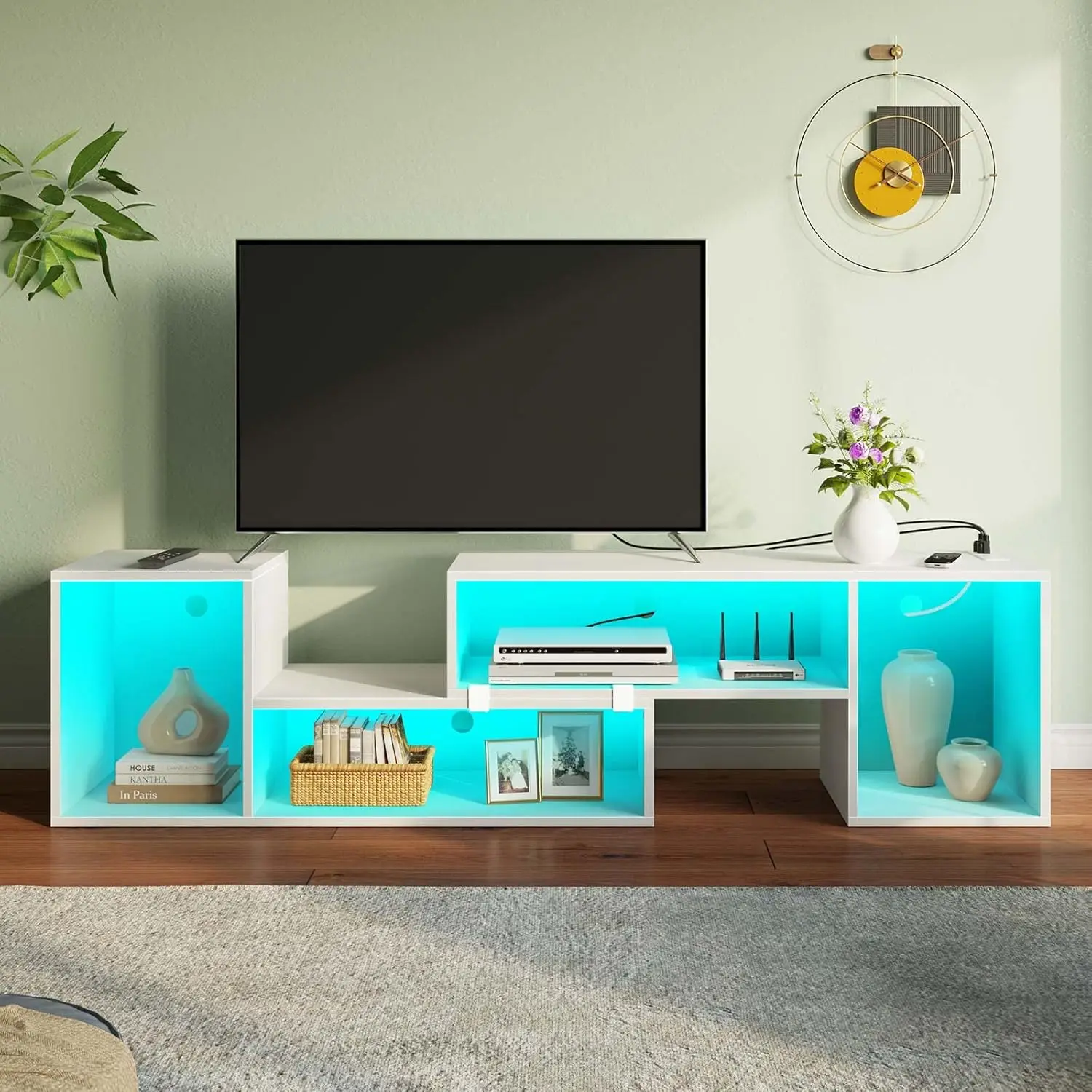 TV Stand, Deformable TV Stand with LED Strip & Power Outlets, Modern Entertainment Center for 45/50/55/60/65/70 inch TVs, White