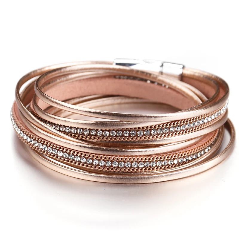 ALLYES Stylish Multilayer Leather Bracelet for Women Men Boho Rhinestone Chain Double Wrap Bangle Bracelets Party Jewelry