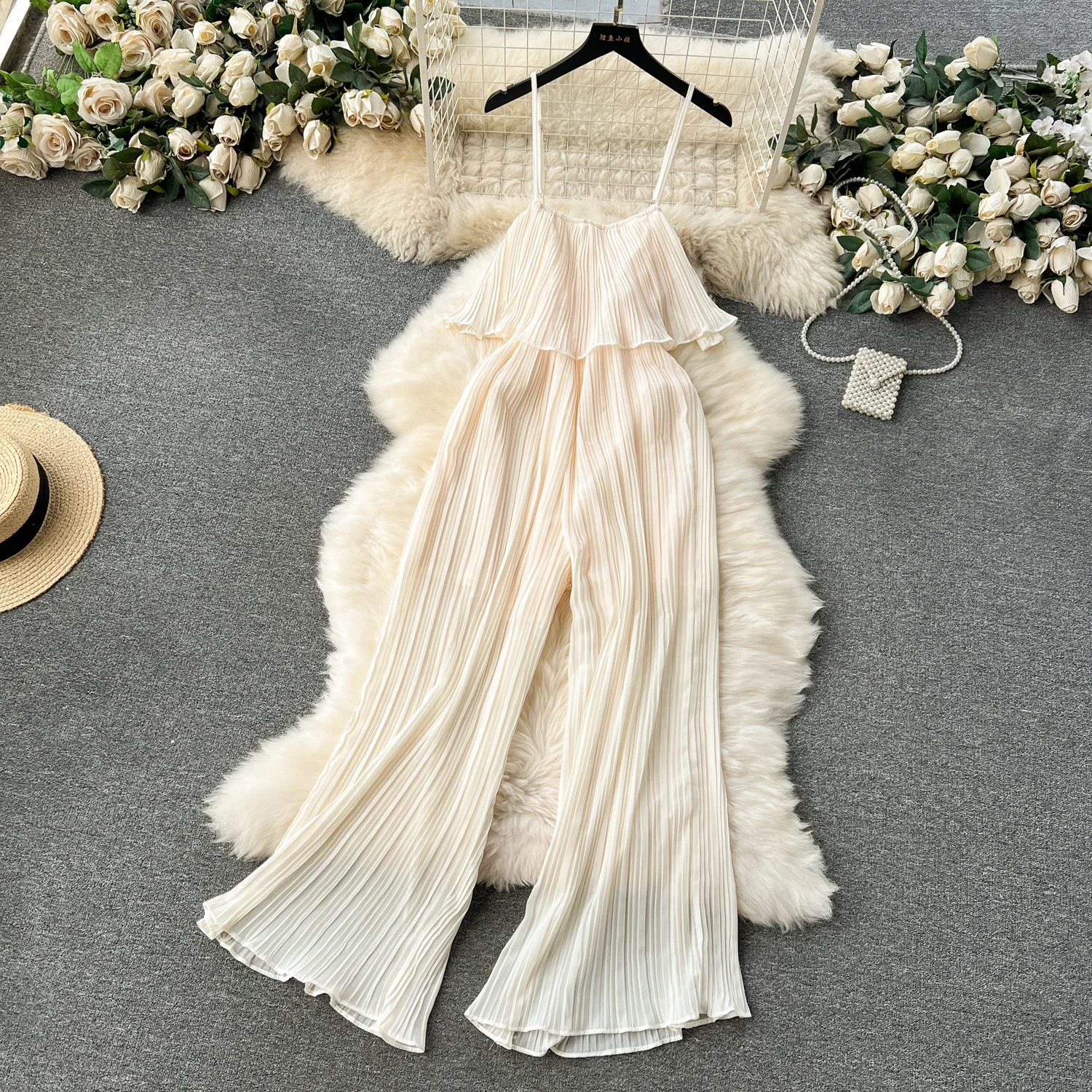 Vacation Loose Jumpsuit Strap Backless Thin Romper Streetwear Women INS One-Piece Outfit Beach Style Pleated Bodysuits