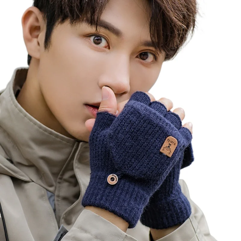 Men Autumn and Winter Half Finger Flip Up Gloves Knitted Wool Fingerless Student Writing Warm Office Korean Style Gloves