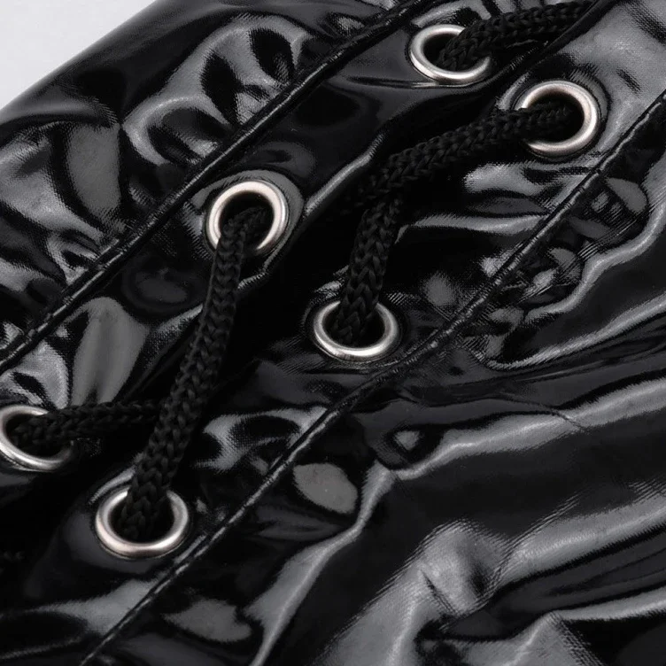 Damskie kombinezony wetlook z błyszczącej skóry PVC, erotyczne body, odzież klubowa, głęboki dekolt V, sznurowane body, seksowne kombinezony z zamkiem błyskawicznym i otwartym kroczem.