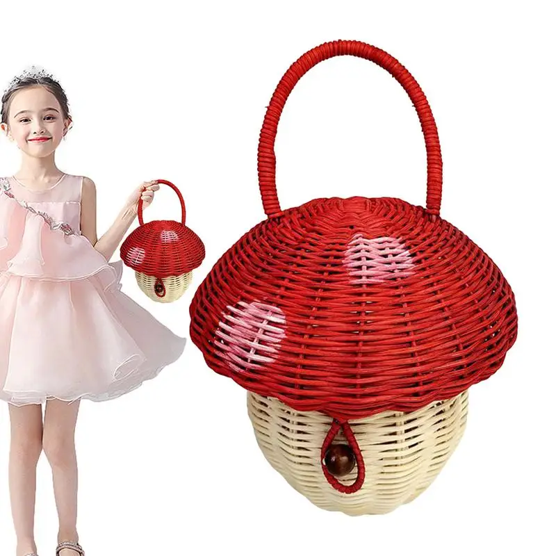 Summer Children Woven Bag Children Rattan Coin Purse Wallet Kids Mini Basket Tote Bags Mushroom Shape Storage Basket Photo Props