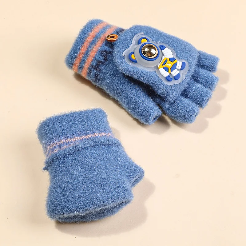 Winter Cute Cartoon Astronaut for Boys and Girls 6-10 Years Old Fashion Children\'s Thick Warm Half-finger Flip Gloves