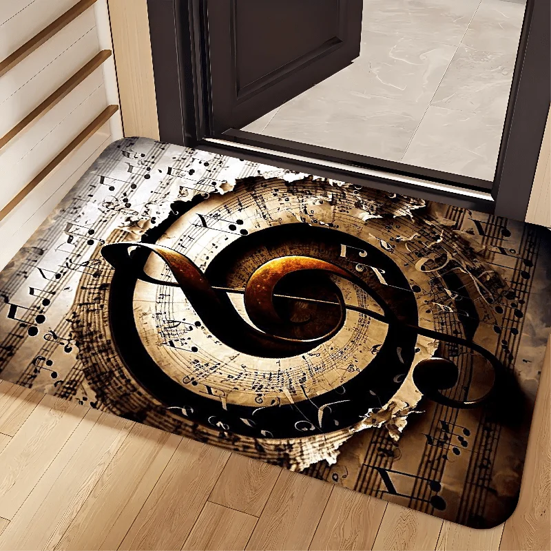 Retro Vintage Music Indoor Entry Mat Antique Torn Music Paper Giant Treble Clef Musical Pattern Decorative Front Door Doormat