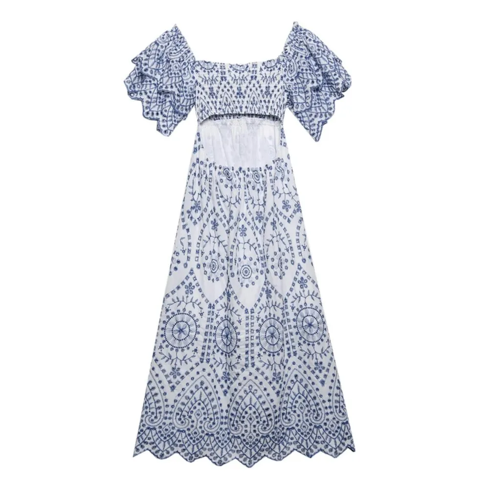 Abiti da festa midi con maniche svasate e volant da donna BOHO Abito estivo senza schienale con spacco scavato con ricamo floreale bianco blu estivo