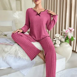 Spring and Autumn New Women's Pajamas Home Wear Suit Pop-Up Leisure Home Suit Pit Strip European and American Style Home Wear