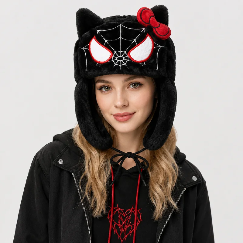 Unisex Plush Cat Earflap Hat Spider Web Bow Winter Hat Soft Fuzzy Cartoon Animal Trapper Cap Cosplay Cute Beanie