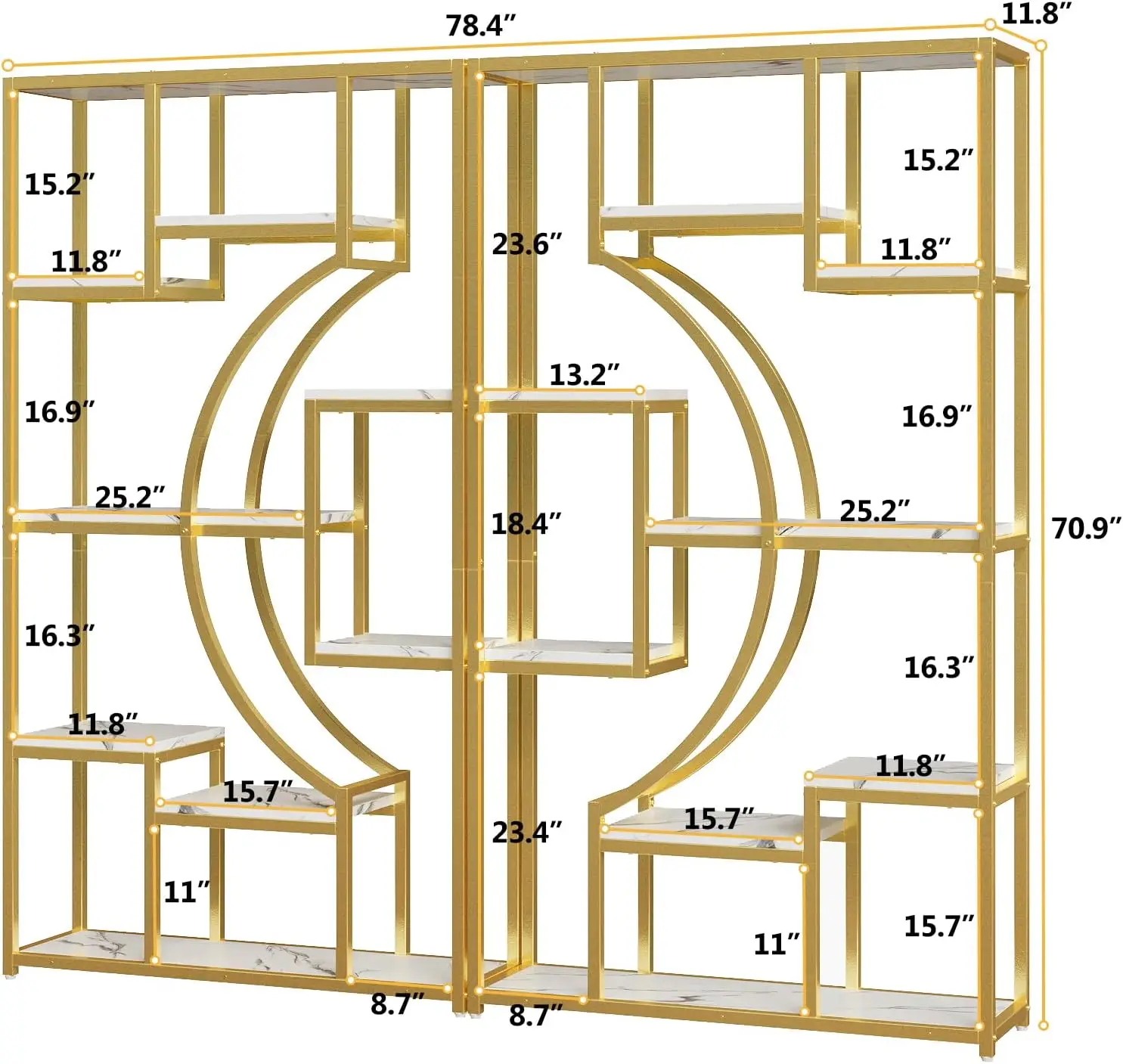 مجموعة أرفف كتب Etagere باللونين الأبيض والذهبي الحديث مقاس 70.8 بوصة مكونة من رفين بإطار معدني هندسي لغرفة المعيشة والمكتب المنزلي #2