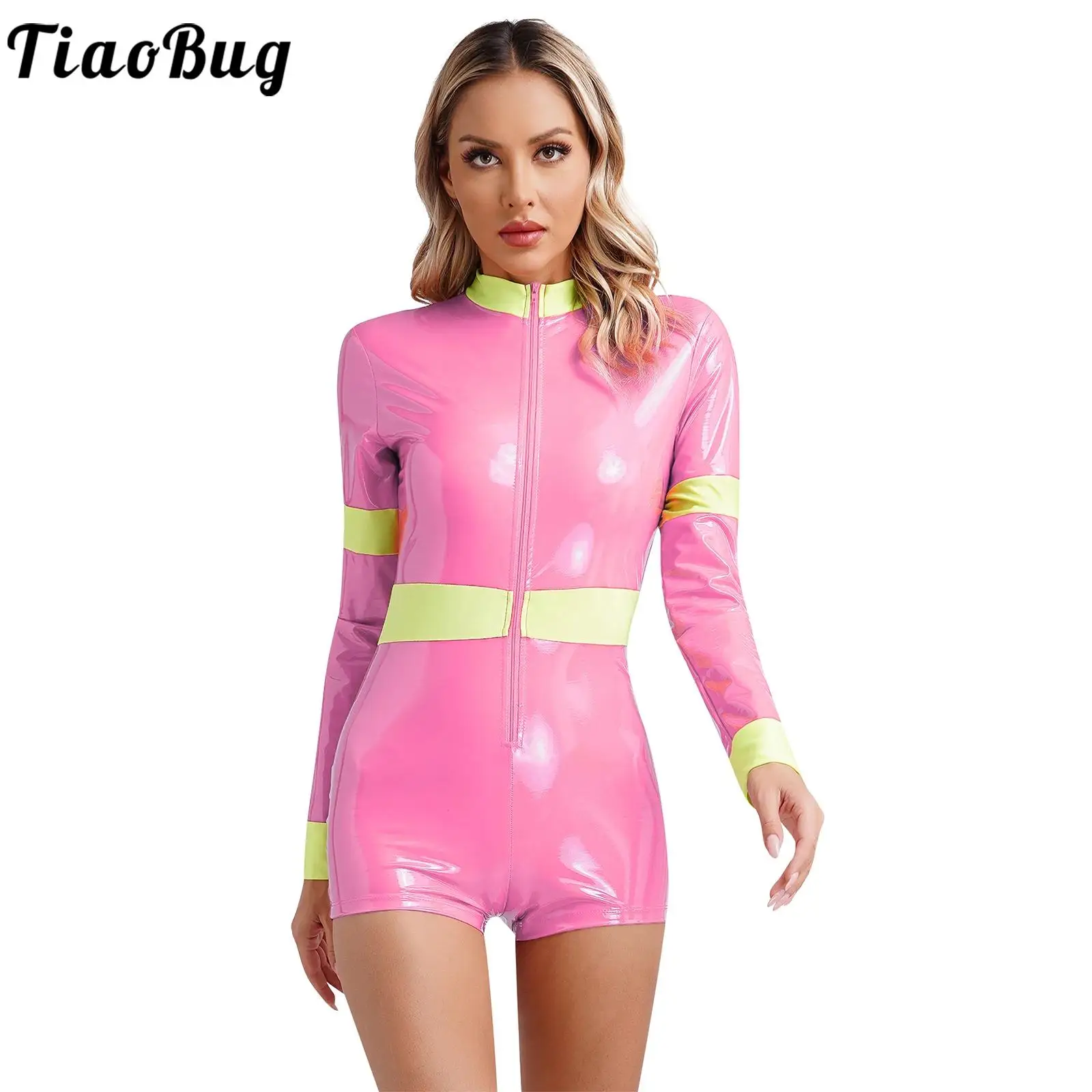 

Womens Sexy Firefighter Jumpsuit Long Sleeve Front Zipper Boyshorts Bodysuit Patent Leather Rompers Halloween Costumes