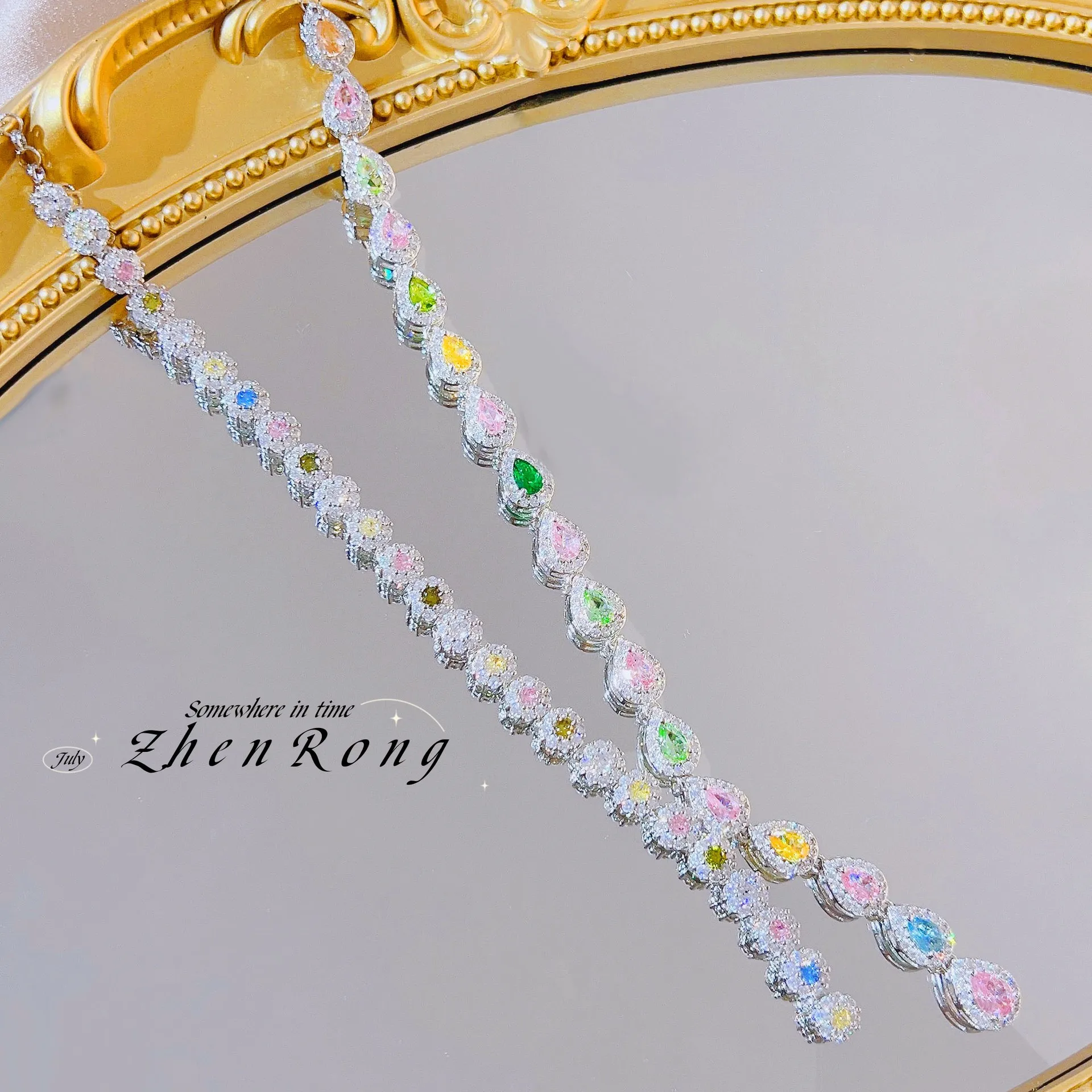Foydjew Luxury Evening Dress Accessories Candy Color Tourmaline Necklaces Noble Jewelry Y-shaped Long Tassel Choker Necklace