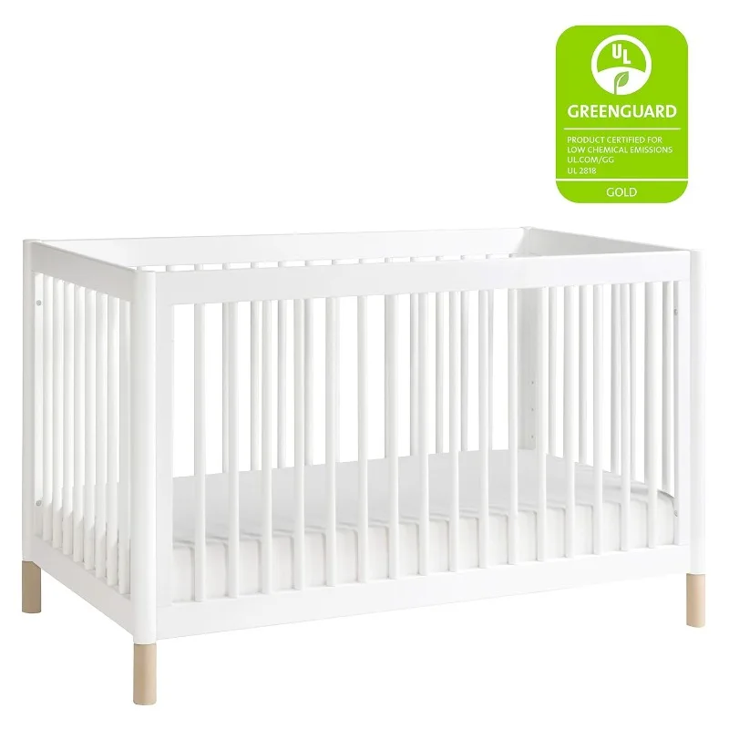 Gelato 4-in-1 Convertible Crib with Toddler Bed Conversion in White and Washed Natural, Greenguard Gold Certified