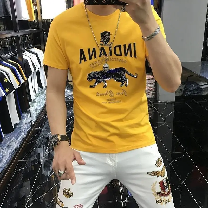 

Fashion short sleeve male T-shirt personality trend leopard print handsome round neck pullover short sleeve jacket