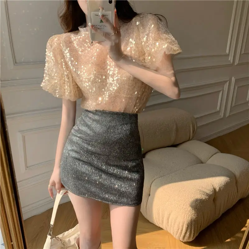 2023 Summer New Solid Color Round Neck Puff Sleeve T-shirt Women Fashion Sequined Lace Tees Korean Style Casual Temperament Tops