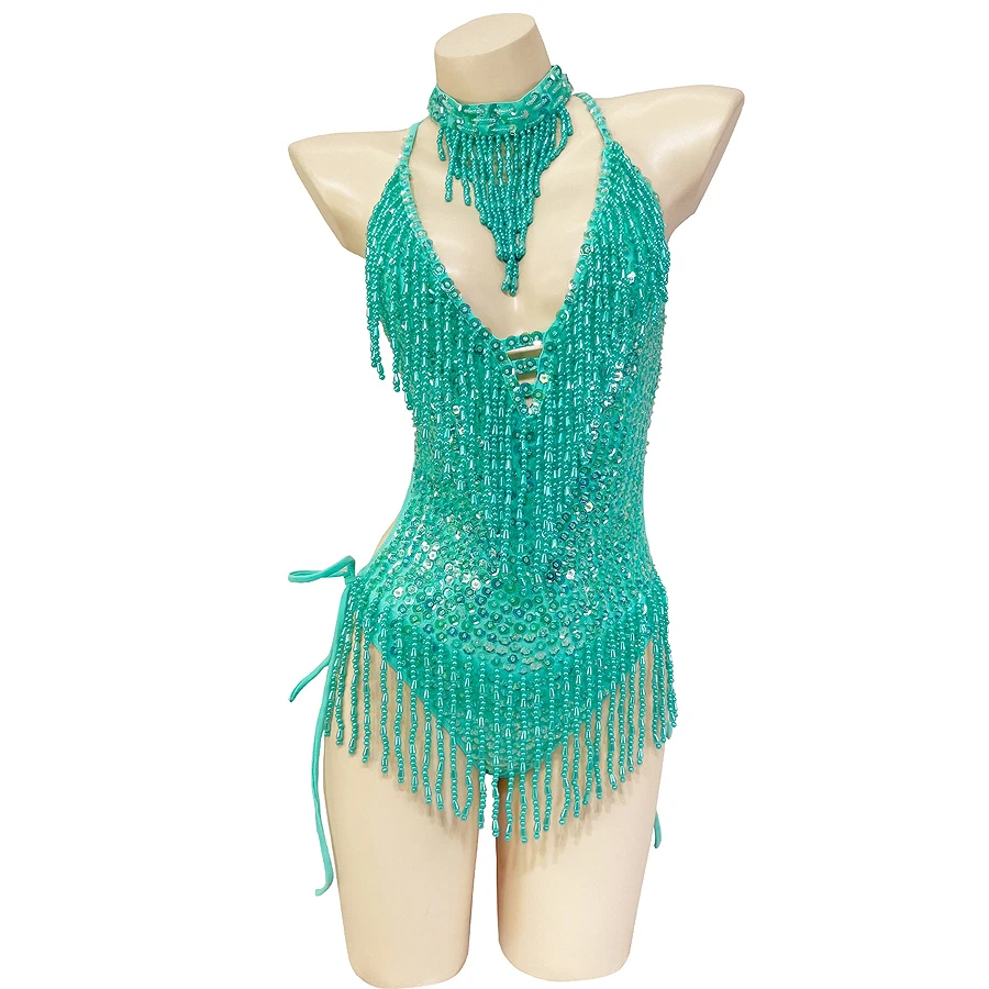 New Shiny Costume For Women Beading Sequin Tassel One-Piece Bodysuit Sexy Clubwear Party Outfit Stage Performance Dance Clothes