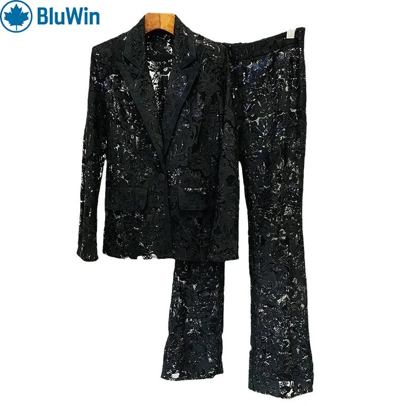

BluWin Sequin Lace Pants Suit Women Single Button Blazer and Straight Leg Trousers Black Party Evening
