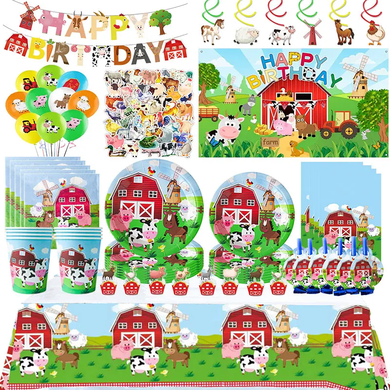 Zenon-vajilla de decoración de cumpleaños de granja, plato y vaso de papel, conjunto de globos, pancarta, adorno para pastel, bolsa de regalo, círculos de papá, suministros para fiesta infantil
