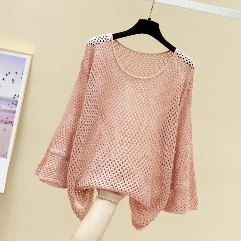 Woman Mesh Loose New Knit Sunscreen Tee Female Fashion T-shirt Hollowed Out Summer Ladies Sweater Casual Pullover Tops Shirt Q87