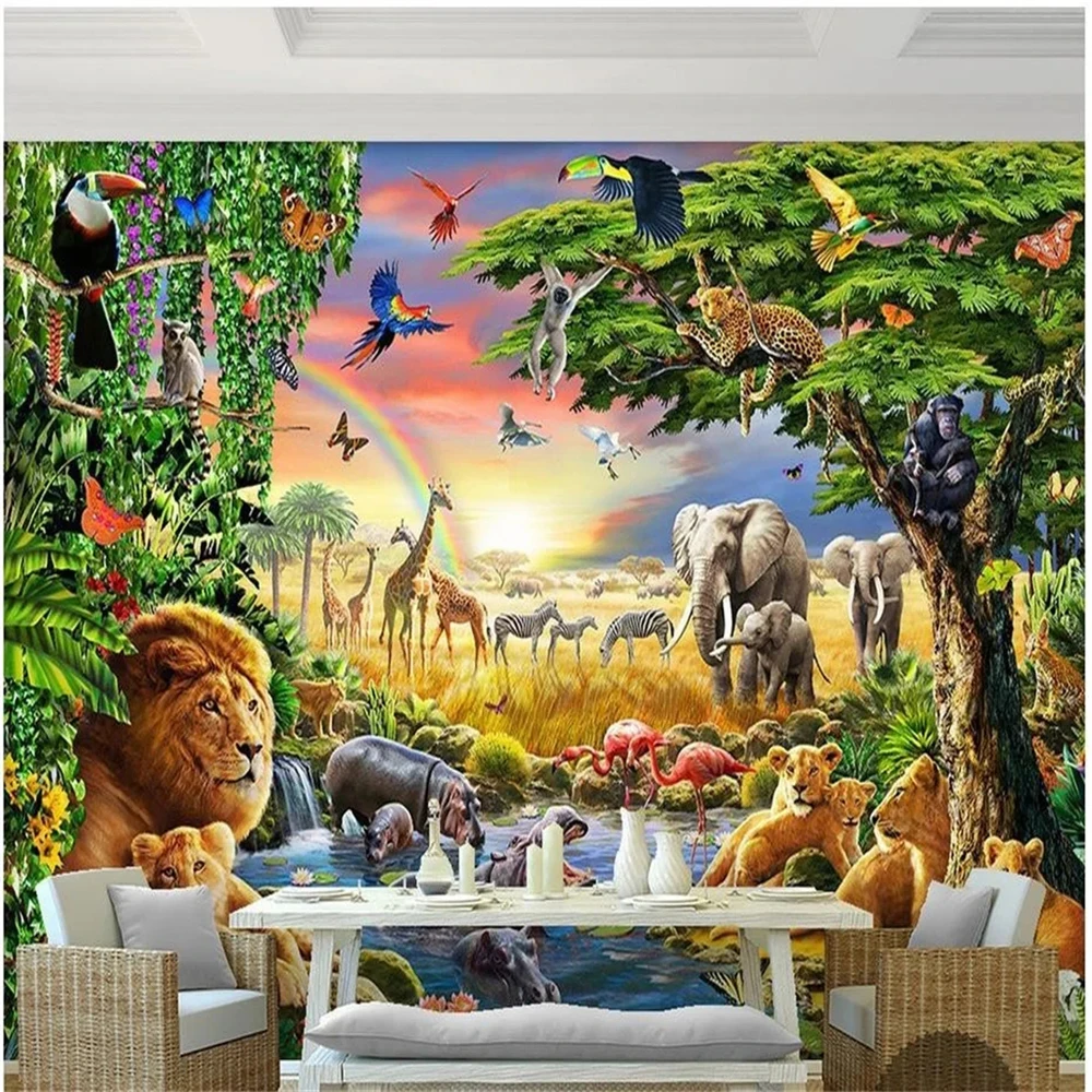 Custom photo 3d wall mural wallpaper Rainbow green woods parrot elephant animal children painting 3d wallpaper room