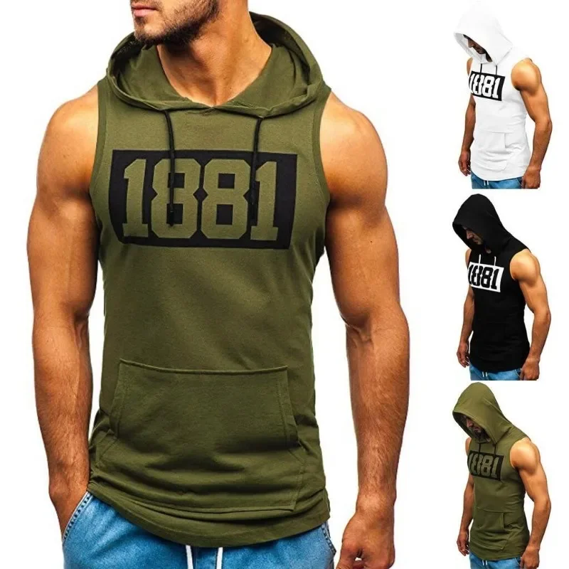 Men\'s Hooded Tank Tops Gym Workout Training Hoodies Sleeveless Bodybuildng Muscle Cut Off T-Shirt with Pocket