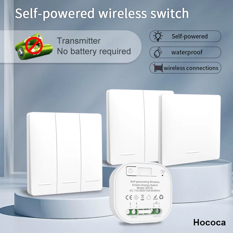 Battery Free RF433 Household Wireless Wall Switch Wiring Free Self Generating Kinetic Energy Panel Waterproof Lighting Switches