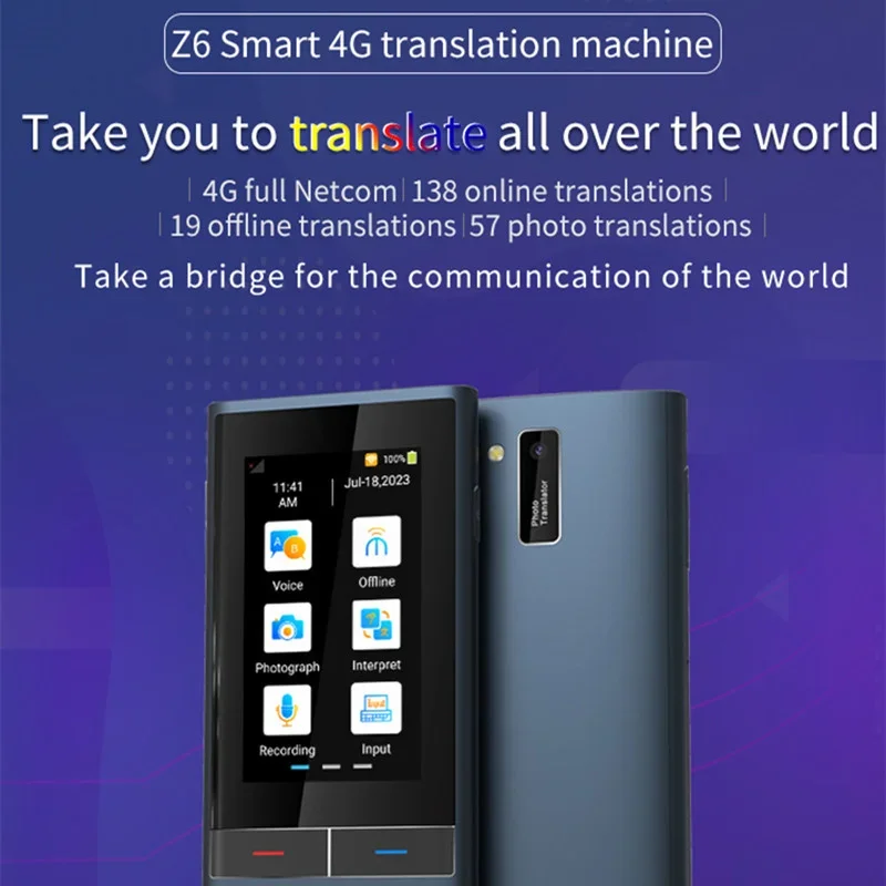 

Z6 AI Voice Translator 117 Languages 3.1inch IPS Screen 4G SIM Card Internet 8G Memory Recording Intelligent Translated