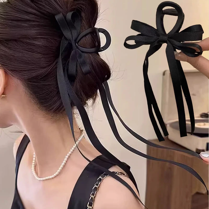 Fashion Black White Fabric Long Ribbon Bow Pearl Claw Clip Back Head Hair Clip Shark Clip Women New Frosted Hair Accessories