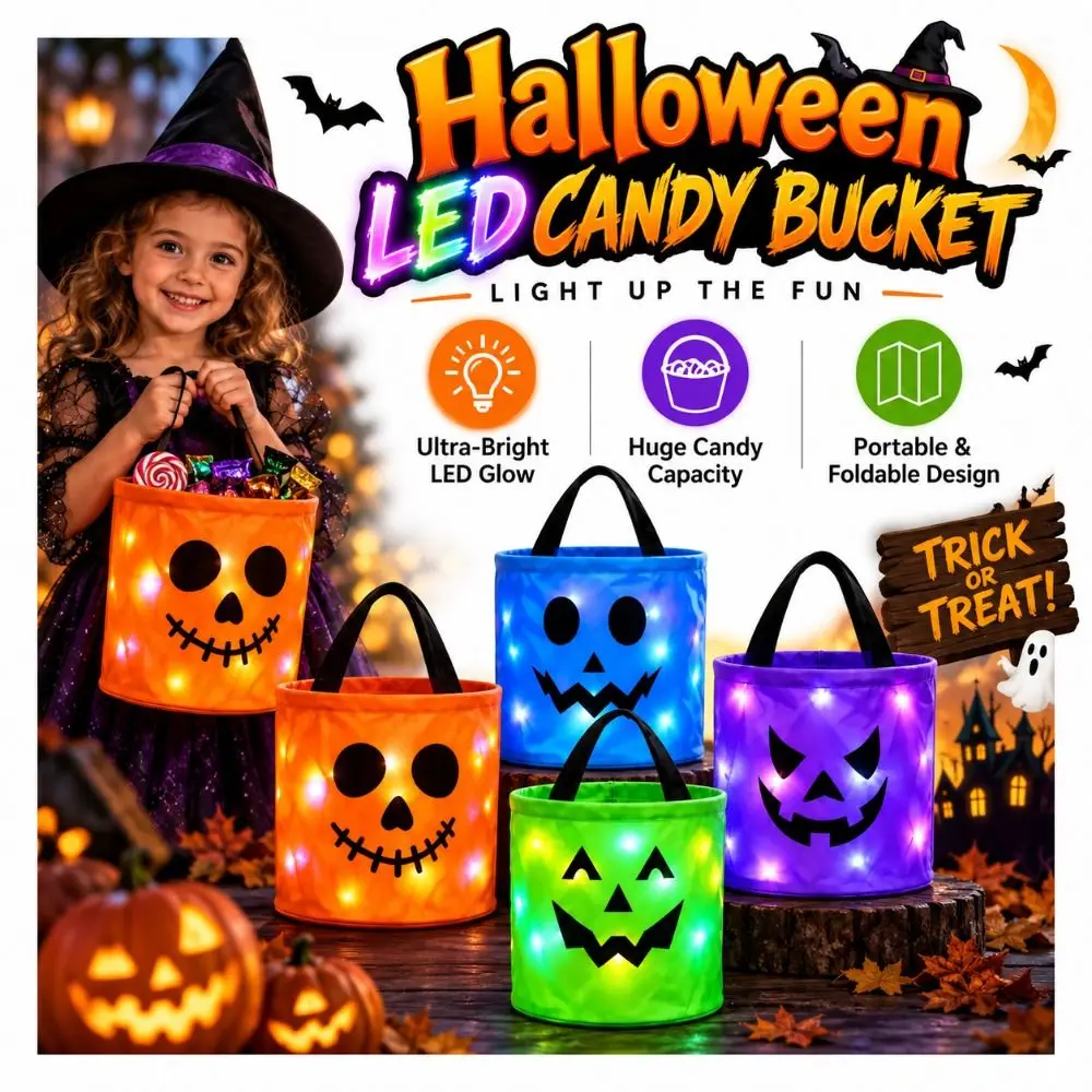 New LED Halloween Candy Bucket Ghost Print Reusable Pumpkin Bucket With Handle Treat Bag Trick or Treat