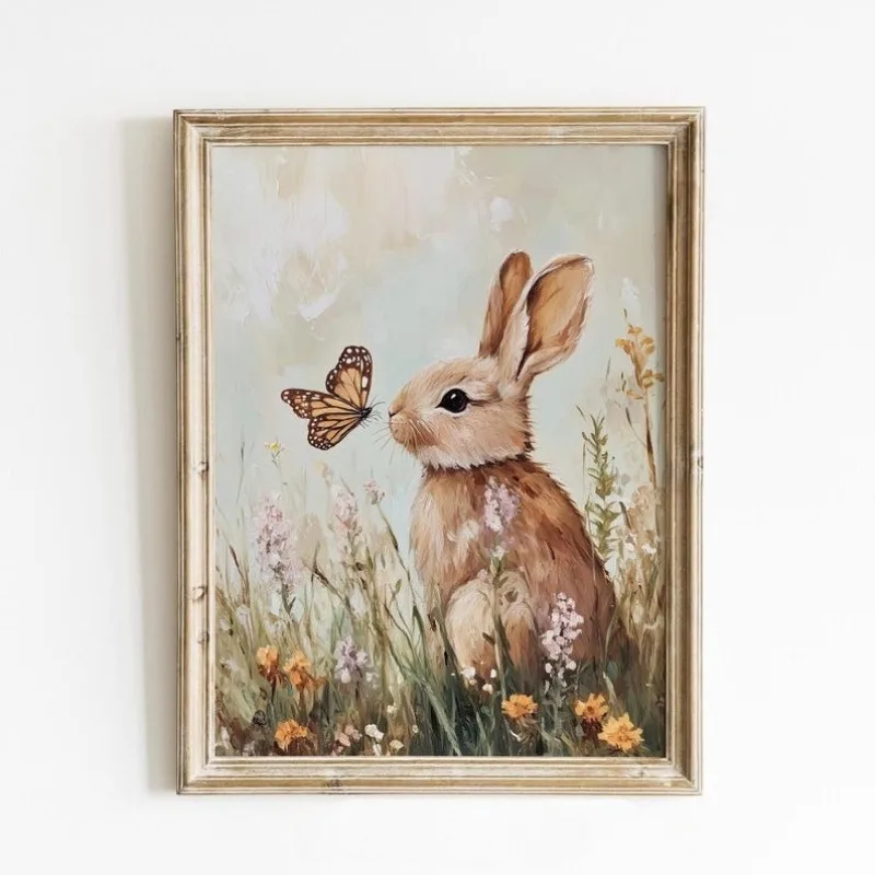 

Постеры с изображением пасхального кролика на холсте, весеннее искусство с кроликами, нейтральный декор для стен в стиле фермерского дома, деревенский пасхальный принт