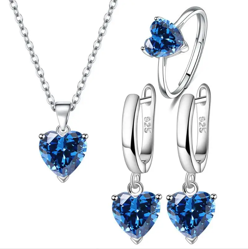 Natural Blue Topaz 925 Sterling Silver Heart Jewelry Set Necklace+Earring+Ring for Women Statement Gemstone Fine Jewelry Bijoux