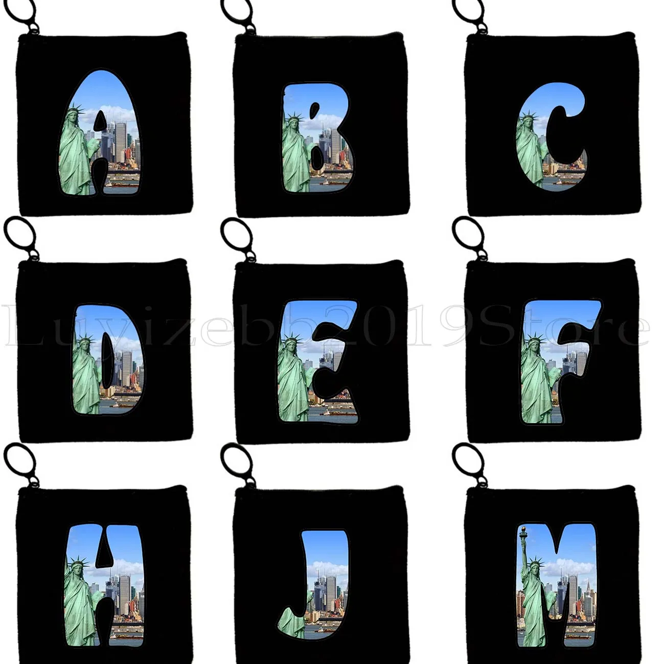 

New York Alphabet Initial Letter Statue Of Liberty NYC Skyline Cute Gifts Canvas Coin Purse Key Case Bag Wallet Zipper Pouch