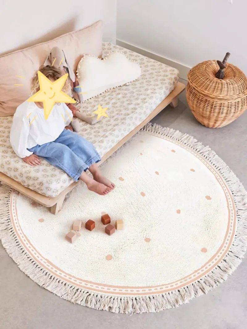 

Round Children's White Bedroom Carpet Cute Plush Bedside Rug Tassel Spots Living Room Coffee Table Cloakroom Mat Ковер Tapis 러그