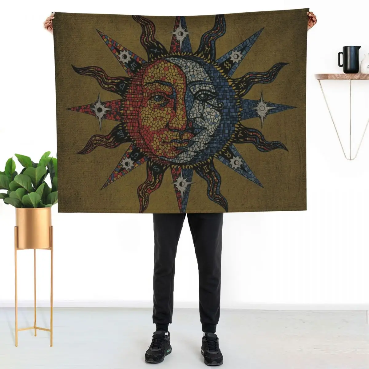 Vintage Celestial mosaic Sun & Moon Throw Blanket Soft Comfort Blanket for Reading Watching TV