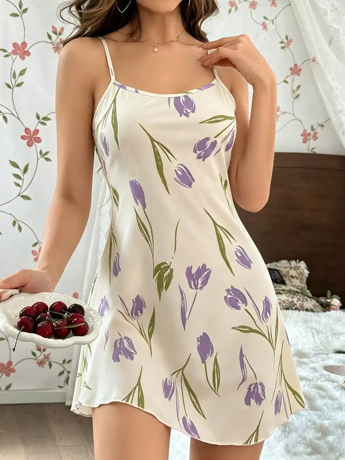 

Floral Printed Spaghetti Strap Sleep Dress Pajama Dress Bountiful Floral Splendor Cozy And Elegant Details