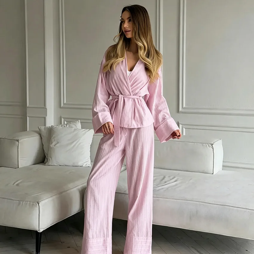 European Style Women Woven Cotton Pajama Set Autumn Breathable Long Sleeve Long Pants Skin-Friendly Home Loungewear