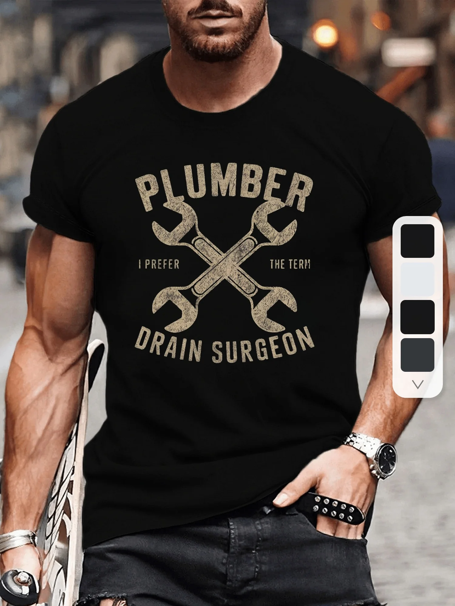 

Men's "Plumber Drain Surgeon" Graphic Tee - Casual Black Short Sleeve T-Shirt with Crossed Wrenches Design, Polyester