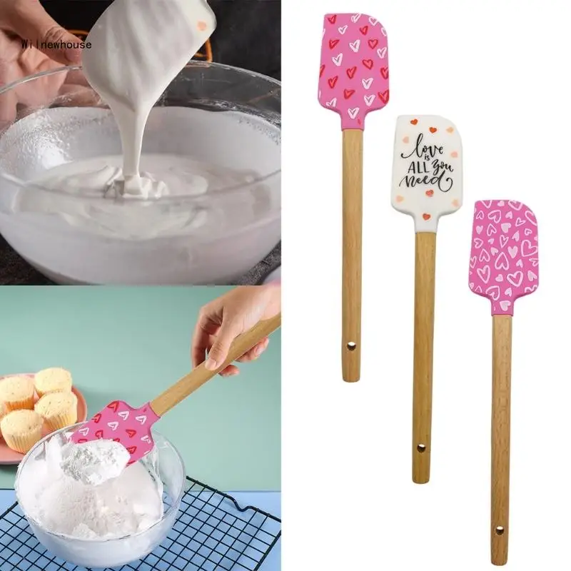 F63A Cake Cream Spatula Long Silicone Butter Spatula Mixing Butter Scraper Wooden Handle Spoon Kitchens Home Baking Tool