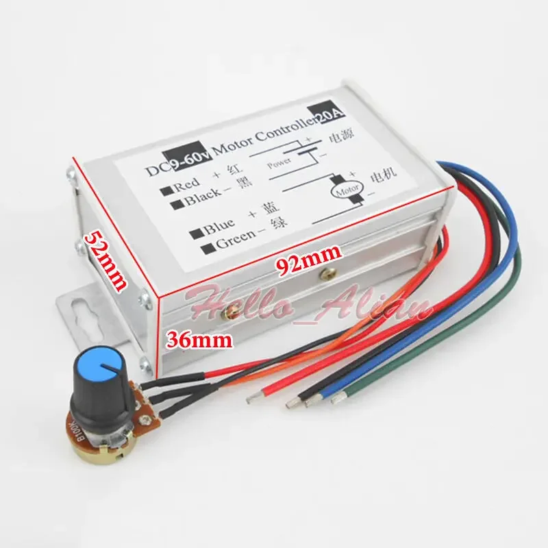 DC 9V-60V 12V 24V 36V 48V 20A PWM DC Motor Speed Control Regulator+Metal Case 0-100% Speed Controller Switch Potentiometer 25kHz