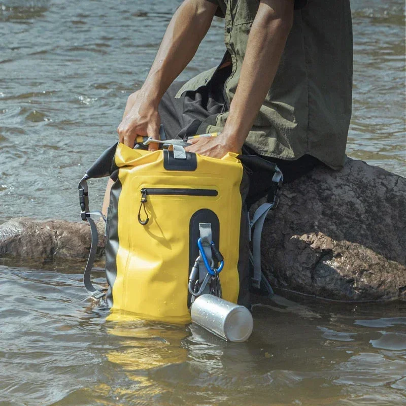 Tas ransel tahan air 35L, tas punggung gulung atas kering mengambang, karung kering luar ruangan perahu kayak arung jeram memancing berkemah berenang